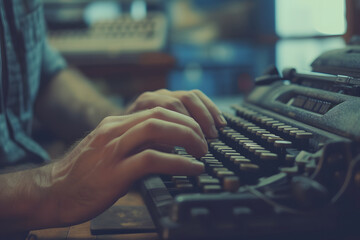 A close-up image capturing an old man typing on an old typewriter, focusing on his hands as they press the keys. - obrazy, fototapety, plakaty