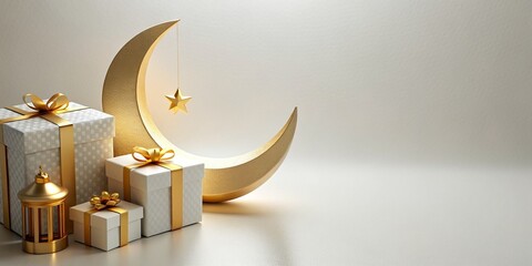 Islamic background, lantern, gold crescent moon on white. Design concept of Ramadan Kareem, mawlid, Iftar, Isra and Miraj or Eid Al Fitr Adha. 3D illustration - obrazy, fototapety, plakaty