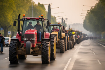 Convoy of European tractors, rolling purposefully towards the protest, amplifies the collective voice of farmers advocating for change.