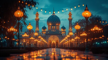 Nighttime view of a mosque adorned with sparkling string lights, creating a festive and spiritual atmosphere. - obrazy, fototapety, plakaty