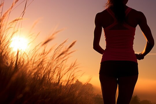 Fitness woman running on the background of sunrise