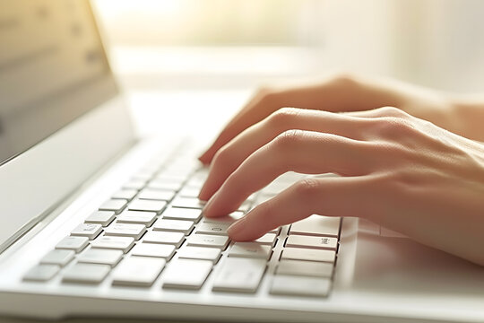 A close-up image capturing a woman typing on a computer keyboard, focusing on his hands as they press the keys.