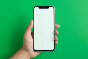 Person holding smartphone with green screen pointing at mock up screen mobile display on green background