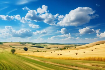 Round straw bales dot the field harvested from cereal plants in an agricultural setting