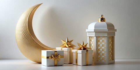 Islamic background, lantern, gold crescent moon on white. Design concept of Ramadan Kareem, mawlid, Iftar, Isra and Miraj or Eid Al Fitr Adha. 3D illustration