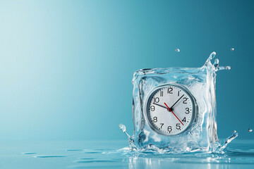 Alarm clock in ice cube, frozen time. Stopping the time concept, freeze time. Climate change....