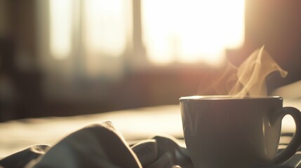 AI generated illustration of a morning light shining on a steaming cup of coffee - obrazy, fototapety, plakaty