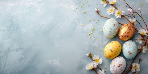Easter eggs on a pastel background with flowers. Spring composition with copy space.