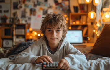 Chłopiec leży w swoim pokoju na łóżku przed kalkulatorem, patrzy się w kamerę. Delikatnie uśmiechnięte 12 letnie dziecko. W tle znajduje się przytulny pokój z otwartym laptopem i ciepłym światłem. - obrazy, fototapety, plakaty