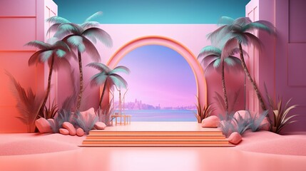 Summer themed tropical podium for product or cosmetics display. Background for branding, packaging and product advertising