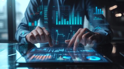 Businessman analyzing company's financial balance sheet working with digital augmented reality graphics. Businessman calculates financial data for long-term investment.