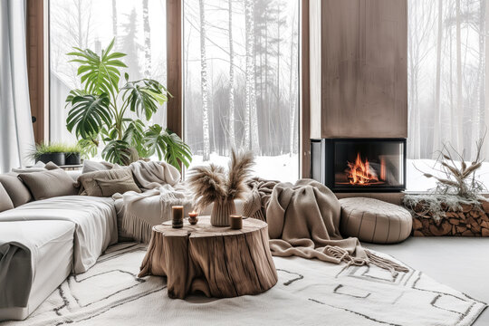 Interior design of modern apartment with sofa and fireplase. Interior mockup. Scandinavian interior design. Generative AI