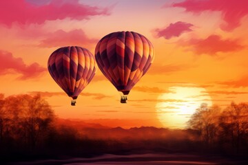 Fototapeta premium Two hot air balloons against the backdrop of a sunset, wallpaper background