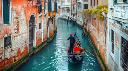 Gondolier carries tourists on gondola in canal of Venice, Italy. Traditional Venice gondola on famous canal. Beautiful Venice view