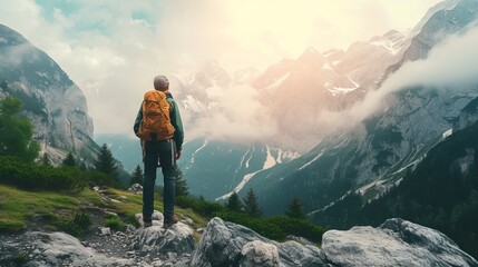 hiker in mountains on beautiful rock background 