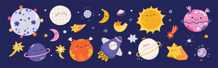 Space planets illustration. Cute space adventure baby planet, rocket, galaxy, moon, stars, meteorites in cartoon flat style - obrazy, fototapety, plakaty