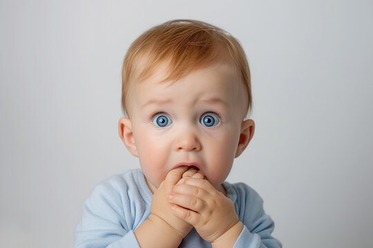 Nervous baby boy and biting nails in studio with oops reaction to gossip on white background