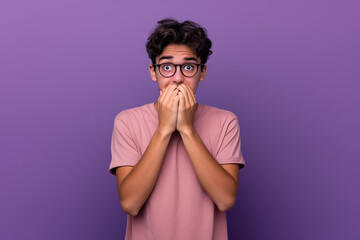 Nervous Latin teenage boy and biting nails in studio with oops reaction to gossip on purple background. Mistake, sorry, drama or secret with regret, shame or awkward