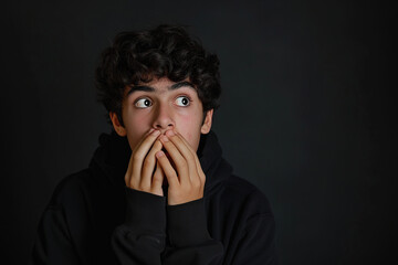 Nervous Latin teenage boy and biting nails in studio with oops reaction to gossip on black background. Mistake, sorry, drama or secret with regret, shame or awkward