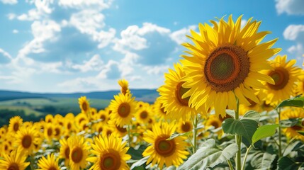 Obraz premium Sunflowers bloomed in farm field with sky background desktop wallpaper