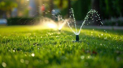 Summer irrigation system in the park. Watering device irrigate green grass in city park. Hot summer with water - obrazy, fototapety, plakaty