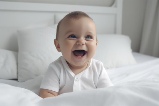 happy little baby 5-9 months old in a bodysuit sits on a bed on a white bed linen, smiling. The concept of children's products.. generative AI