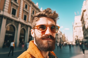 Happy tourist in sunglasses in Barcelona, Spain - Smiling man taking selfie on city street - Tourism and vacation concept. generative AI - obrazy, fototapety, plakaty