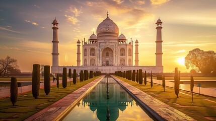 Taj Mahal main view on the sunset, famous marble mausoleum of Agra, Uttar Pradesh, India  - obrazy, fototapety, plakaty