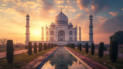 Naklejka premium Taj Mahal main view on the sunset, famous marble mausoleum of Agra, Uttar Pradesh, India 