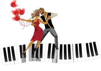 Beautiful romantic couple in passionate Latin American dances on the piano with hearts. Salsa festival.Hand drawn vector illustration.  - 729562211