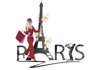 Design  with lettering Paris and the Eiffel tower, fashion girls in hats, musicians. Hand drawn vector illustration. - 729562213