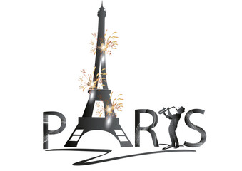 Design  with lettering Paris and the Eiffel tower, musicians. Hand drawn vector illustration. - 729562215