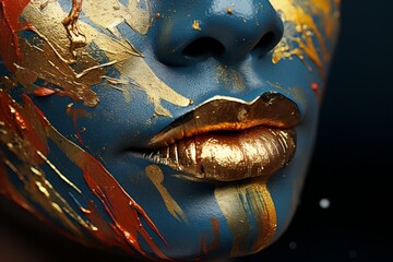 Close-up of female face with multi-color artistic make-up and gold color lips