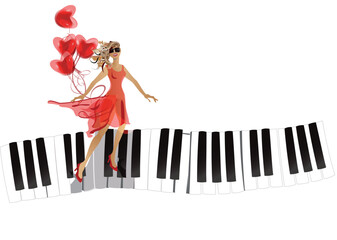 Design with a dancing girl with red hearts on the piano. Hand drawn vector illustration. - 729562241