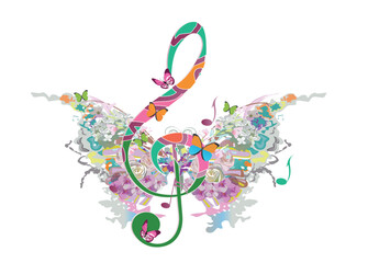 Abstract musical design with a treble clef and colorful splashes, notes and butterflies.  Colorful treble clef. Hand drawn vector illustration.