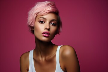 Portrait of beautiful young woman with trendy pink hairstyle on color background