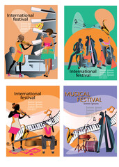 Abstract colorful posters with musicians and musical instruments at the party. Jazz band. Hand drawn vector illustration.