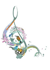 Abstract nature treble clef decorated with summer and spring flowers, notes, birds. Light and relax music. Hand drawn vector illustration. - 729562286