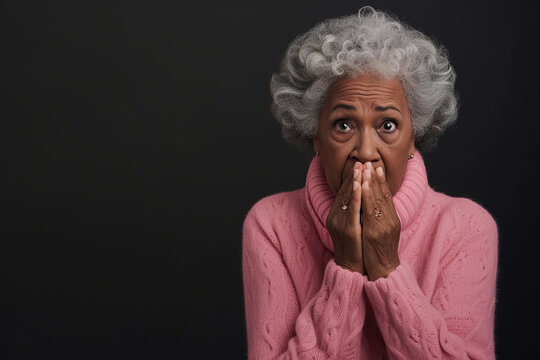 Nervous senior African American woman in studio with oops reaction on black background. Mistake, sorry, drama or secret with regret, shame or awkward