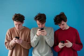 Three attractive young men looking at smartphones on a blue background