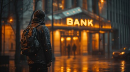 Obraz premium Solitary Figure Approaching Neon-Lit Bank in Evening Ambiance