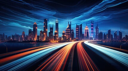 Fototapeta premium Light traces on the highway, winding road, twilight, motion effect. night road in the city with neon stripes
