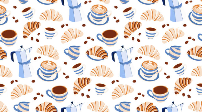 Coffee Desserts croissant Seamless Pattern. Tropical Theme
