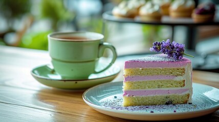 cozy morning setting with green tea and lavender fusion cake on a wooden table.