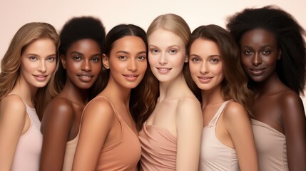 Obraz premium young pretty asian, caucasian, afro woman posing cheerfully together on brown background, lifestyle concept of people of different nationalities. portrait of women