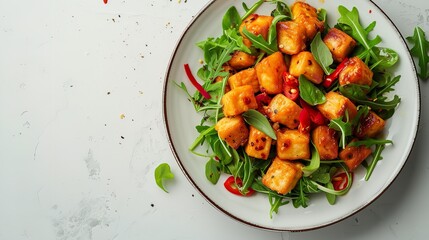 Scrumptious cooked sweet chili tofu healthy food with a white backdrop and space, Generative AI. - obrazy, fototapety, plakaty
