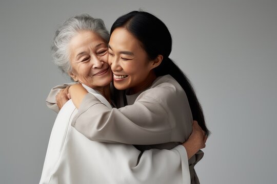 Happy Asian mother and daughter hugging on background .Chinese family people spending time together - lifestyle concept of love, relationship and parenthood