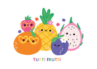Summer cartoon Fruits in flat style isolated white background. Childish print with fruit characters. Tutti frutti illustration