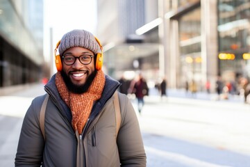 Joyful African American Man with Headphones Enjoying Winter Day in the City, Urban Lifestyle and Music Enjoyment Concept