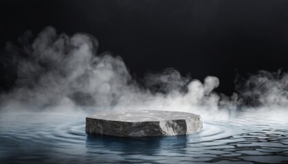 abstract minimal concept dark background with natural granite stones podium on water and smoke surrounding mock up template for product presentation 3d rendering copy text space